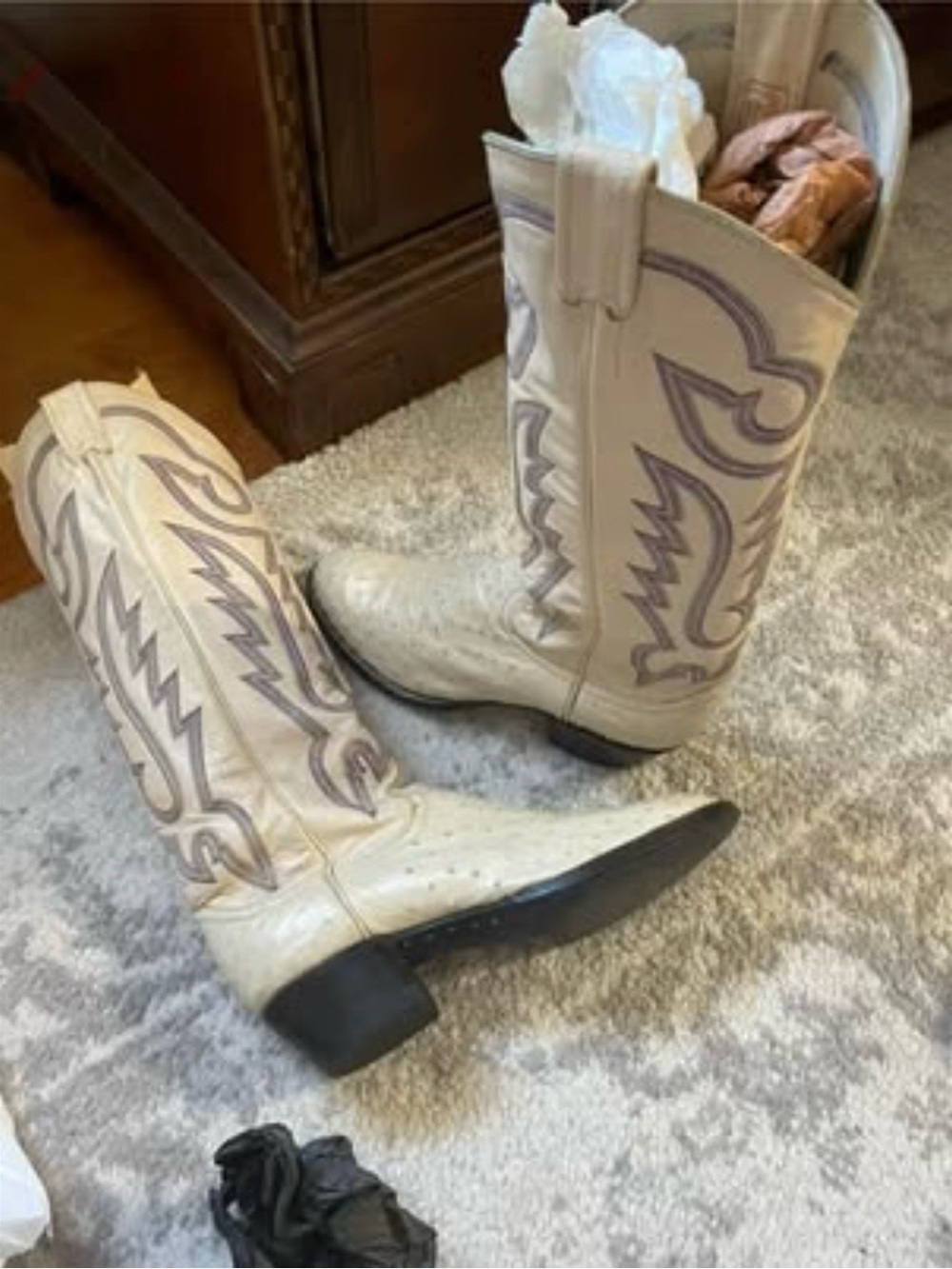 Larry Mahan Cream and Purple Embroidered Western Boots